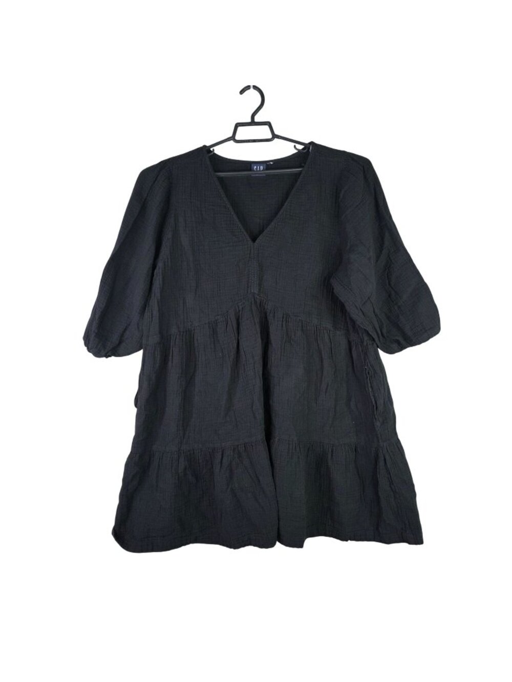 Womens Gap Black Double Crinkle Gauze Tiered V-Neck Dress 3/4 Sleeves Size M